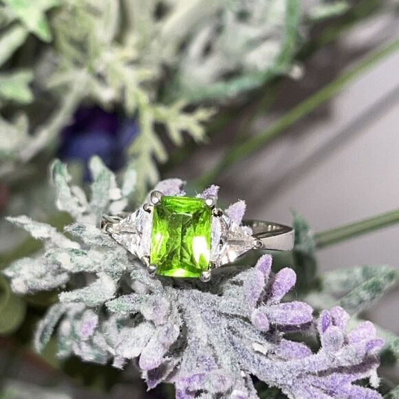 Tourmaline & Crystal Three Stone Ring Emerald Cut Stamped 925 Silver Size 81/2 - Picture 7 of 10